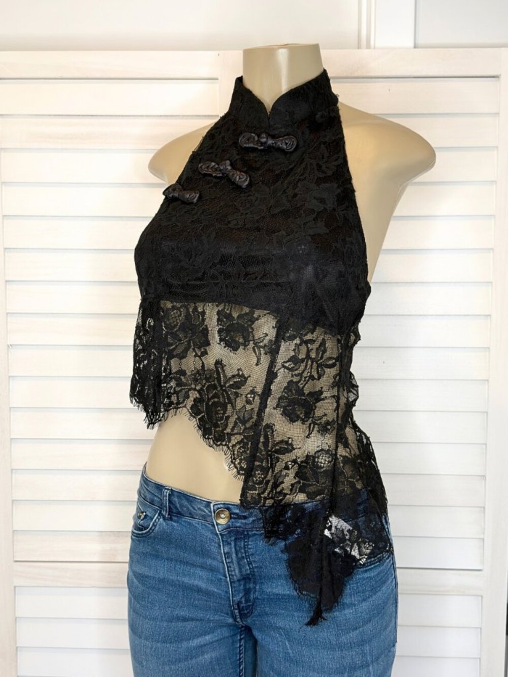 Chocolate USA Black Mandarin Collar Lace Halter Top - Picture 4 of 9